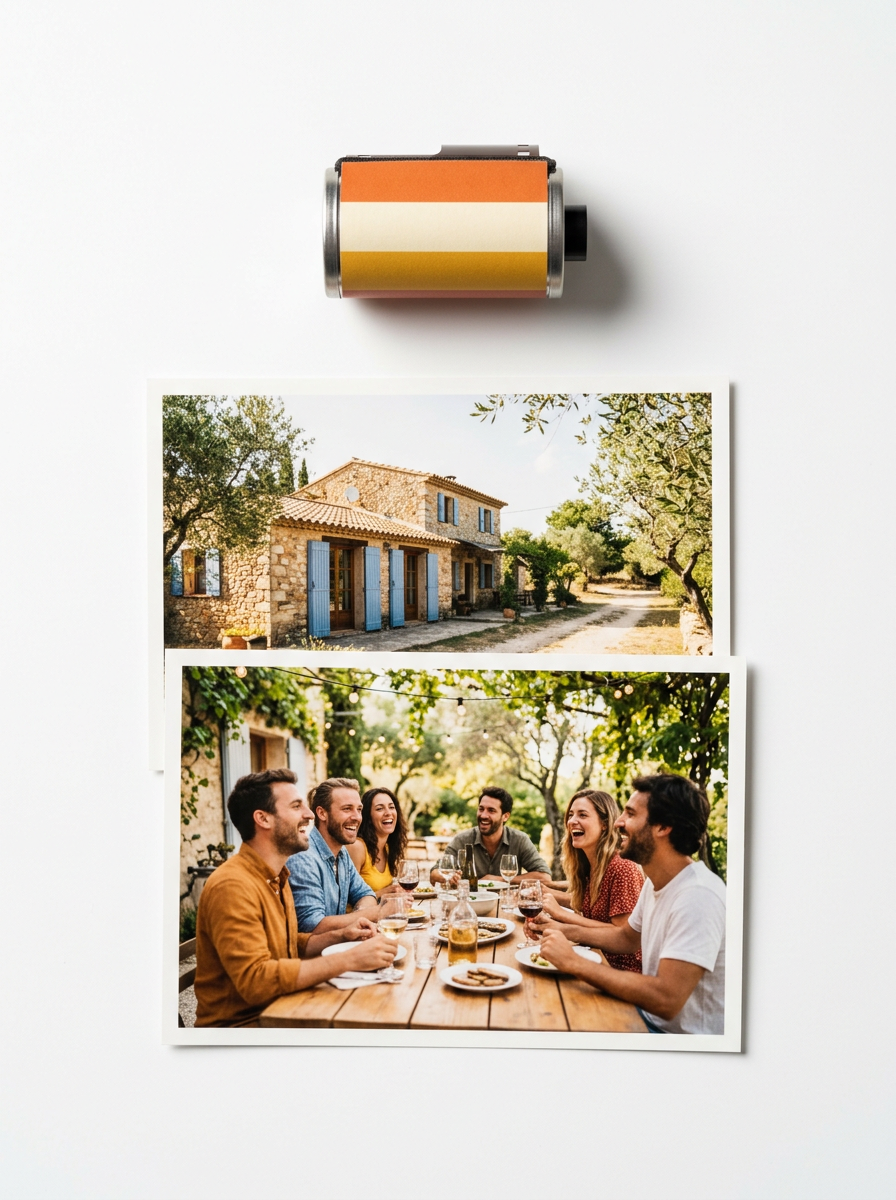 Une pellicule couleur aux tons chauds au-dessus de deux tirages : une maison de vacances en pierre et des potes qui rient autour d’une longue table