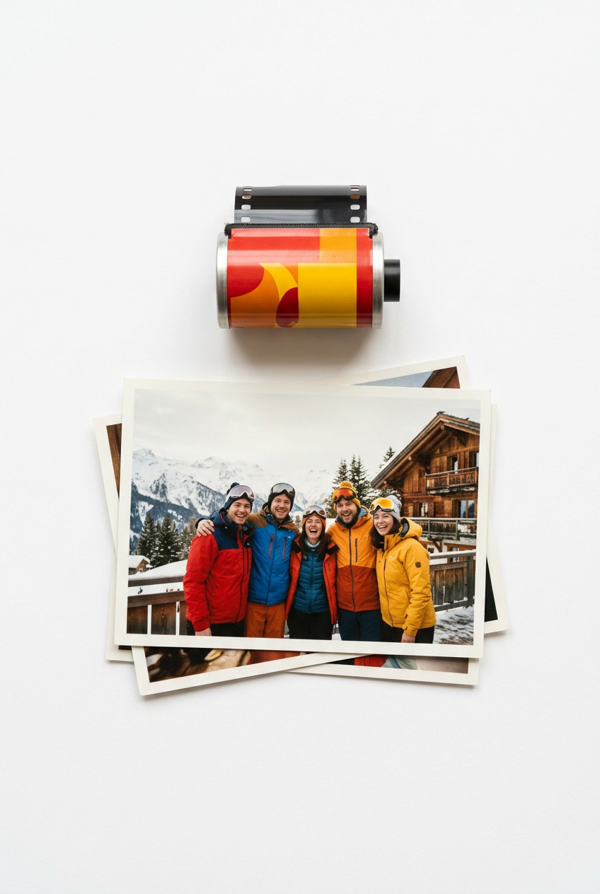 Une pellicule rouge et jaune au-dessus de tirages de cinq potes en vestes de ski devant un chalet en bois