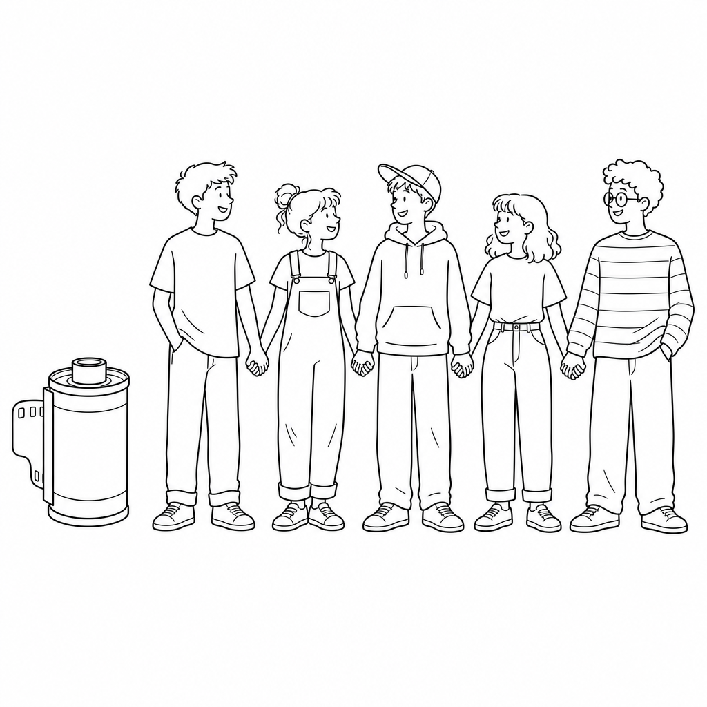 Dessin au trait d’une pellicule 36 poses posée à côté de cinq potes qui se tiennent la main