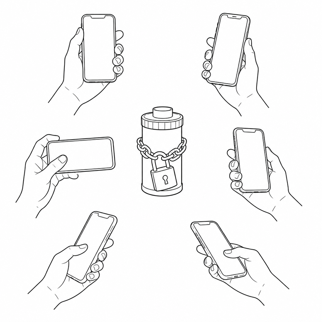Dessin au trait de six mains tenant des smartphones autour d’une pellicule fermée par un cadenas